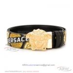 AAA Clone Versace Engraved Leather Belt - Yellow Gold Medusa Buckle